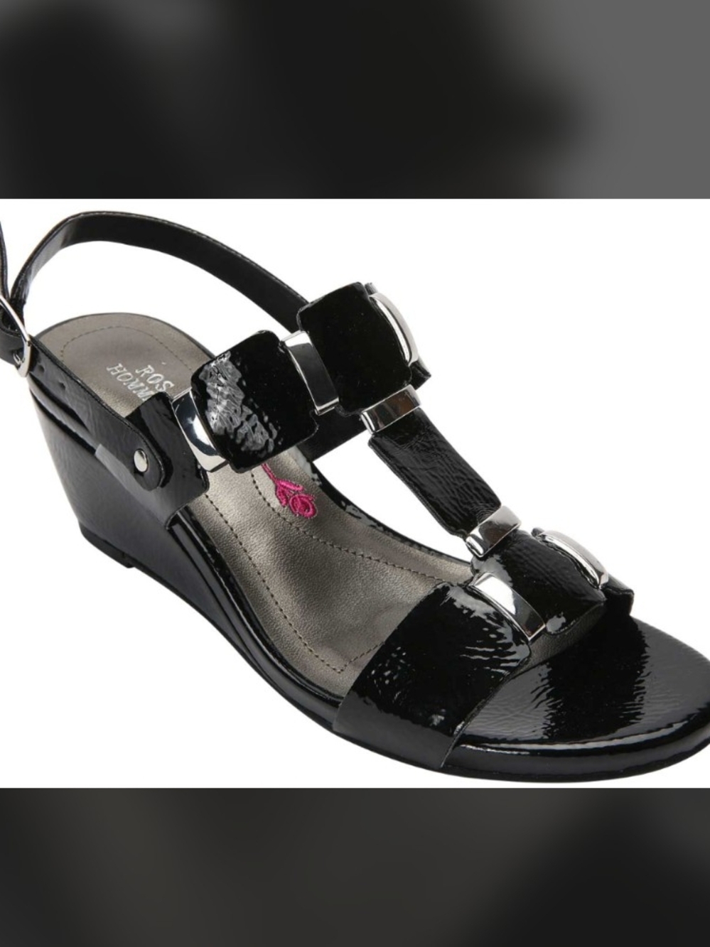Ros Hommerson Black Patent Wedge Sandal "Willow" Size 8